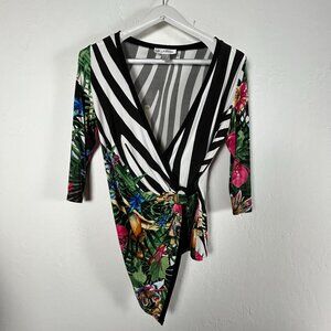 Joseph Ribkoff Womens Wrap Style Floral & Zebra Print 3/4 Sleeve Top Size 8